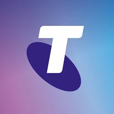 Telstra logo featuring white capital T on blue and purple background